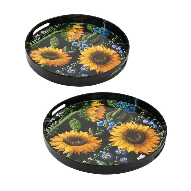 Sunflower Decorative set of 2 Round serving Trays. Hypnotic patterns of sunflowers