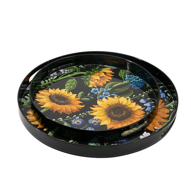 Sunflower Decorative set of 2 Round serving Trays. Hypnotic patterns of sunflowers