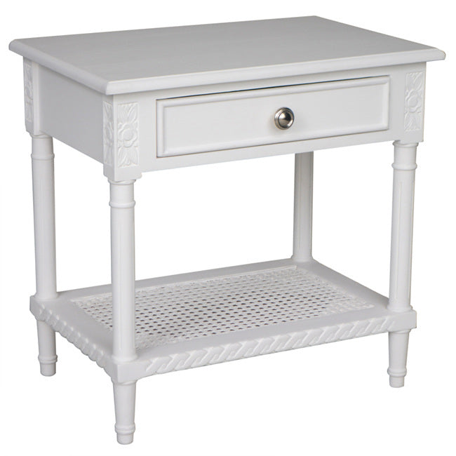 Polo Side Table/Bedside White 60. Introducing the Hamptons White Bedside Table with Rattan Shelf